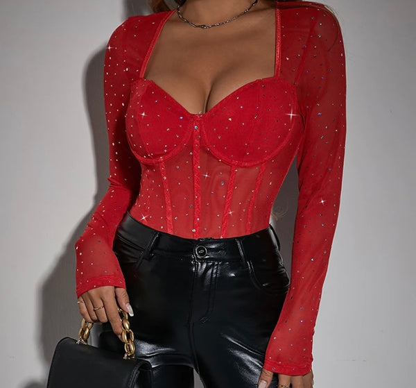 Women Sexy Full Sleeve Bling Mesh Bodysuit Top