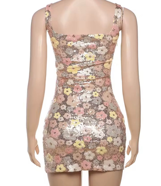 Women Sexy Sleeveless Sequins Floral Dress