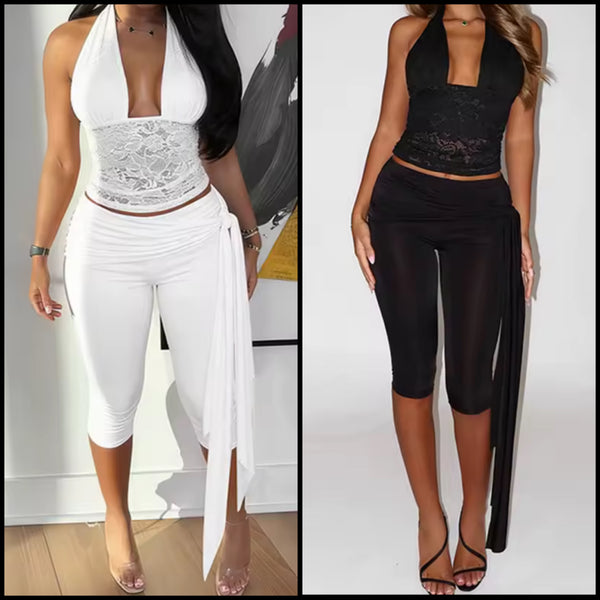 Women Sexy Halter Lace Patchwork Two Piece Capri Pant Set