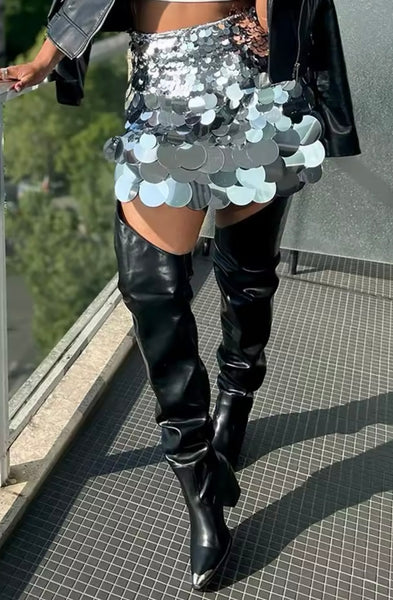 Women Sexy Silver Sequins Fashion Skirt