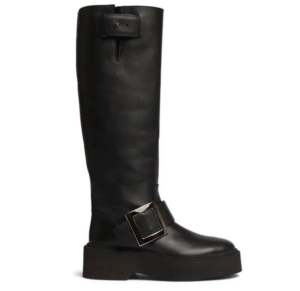 Women Black Round Toe Buckled Faux Leather Knee High Boots