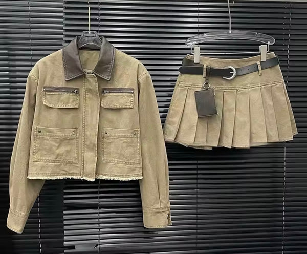 Women Fashion Jacket Belted Two Piece Pleated Skirt Set