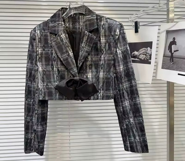 Women Plaid Bow Blazer Two Piece Pleated Skirt Set