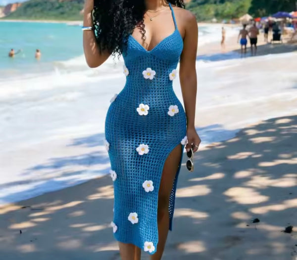 Women Sexy Halter Sleeveless Floral Knitted Maxi Dress