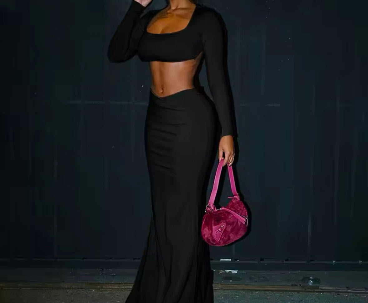 Women Sexy Solid Color Ribbed Full Sleeve Crop Two Piece Maxi Skirt Set