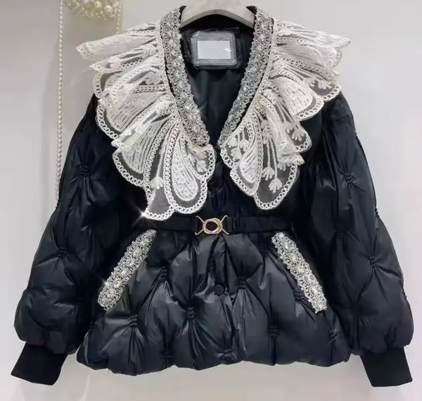 Women Fashion Beaded Lace Puff Jacket