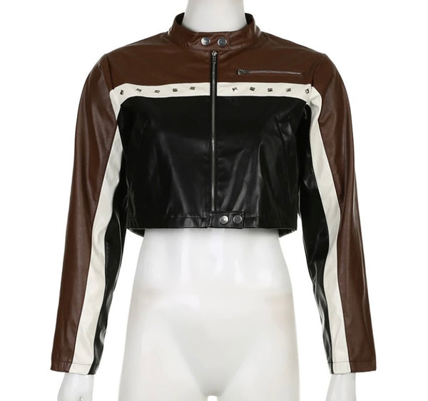 Women Fashion Color Patchwork Faux Leather Crop Jacket