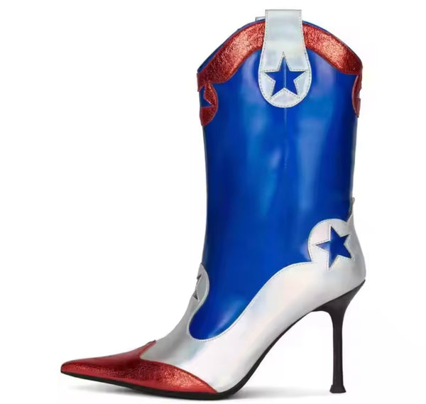 Women Fashion Color Patchwork Star High Heel Ankle Boots