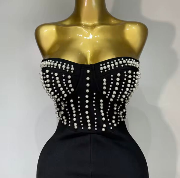 Women Sexy Strapless Black Beaded Patchwork Jumpsuit