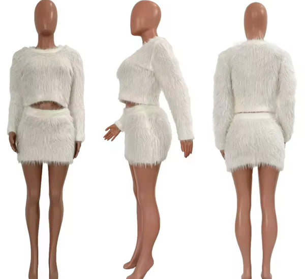 Women Sexy Faux Fur Full Sleeve Two Piece Skirt Set