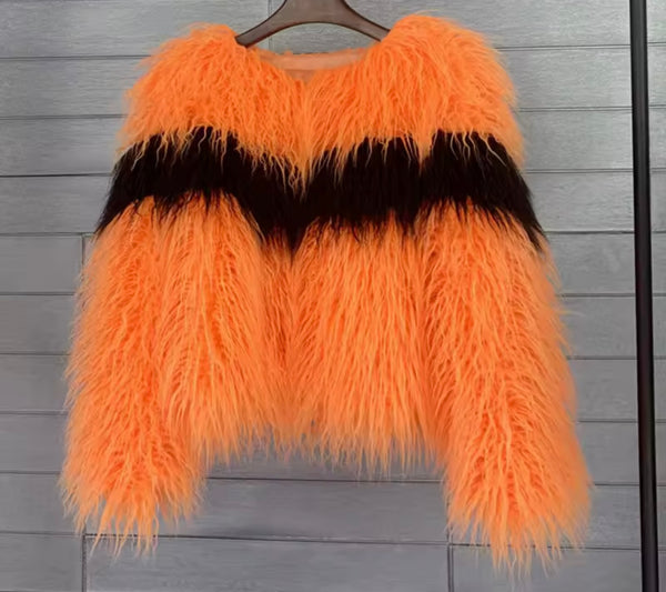 Women Fashion Color Patchwork Striped Faux Fur Sweater Top