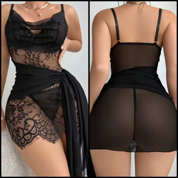 Women Sexy Black Lace Mesh Nightgown Lingerie