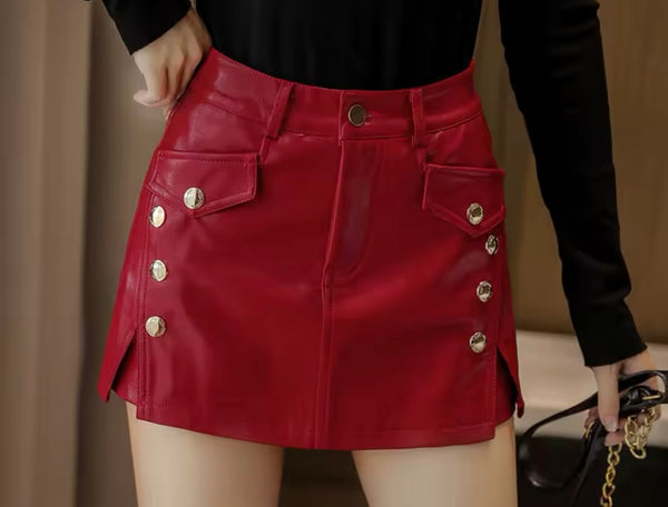 Women Color Fashion Faux Leather Button Wrap Shorts