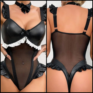 Women Sexy B&W Ruffled Mesh PU Patchwork Bodysuit Lingerie