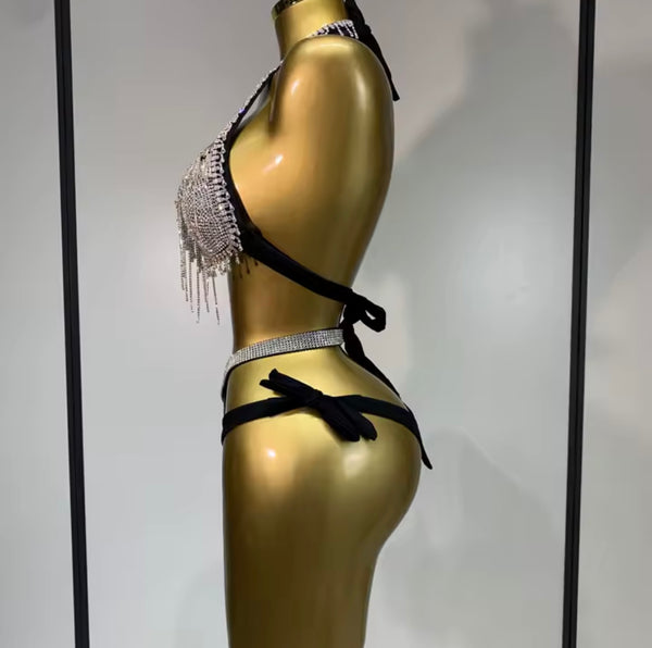 Women Sexy Rhinestone Black Halter Bikini Swimsuit