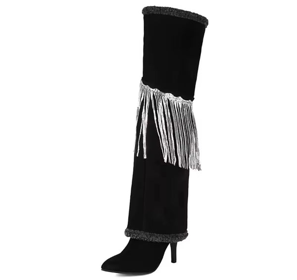 Women Black Furry Suede Tassel Fashion Over The Knee High Heel Boots