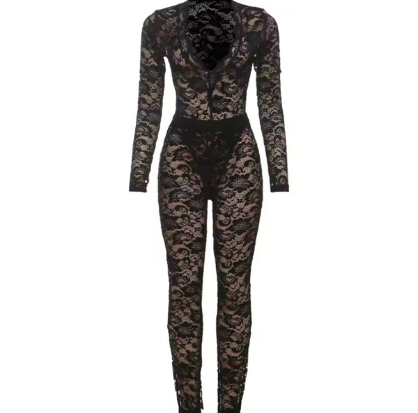 Women Sexy V-Neck Full Sleeve Bodysuit Two Piece Lace Pant Set