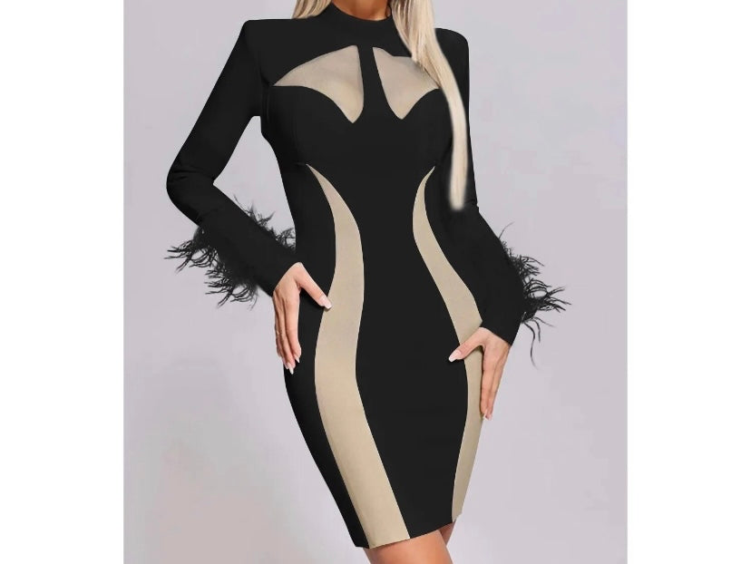 Women Sexy Full Sleeve Feather Mesh Patchwork Dress