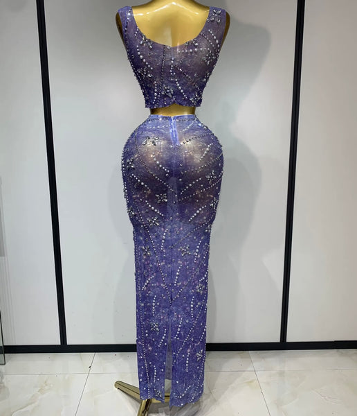 Women Sexy Sleeveless Beaded Pearl Rhinestone Two Piece Skirt Set