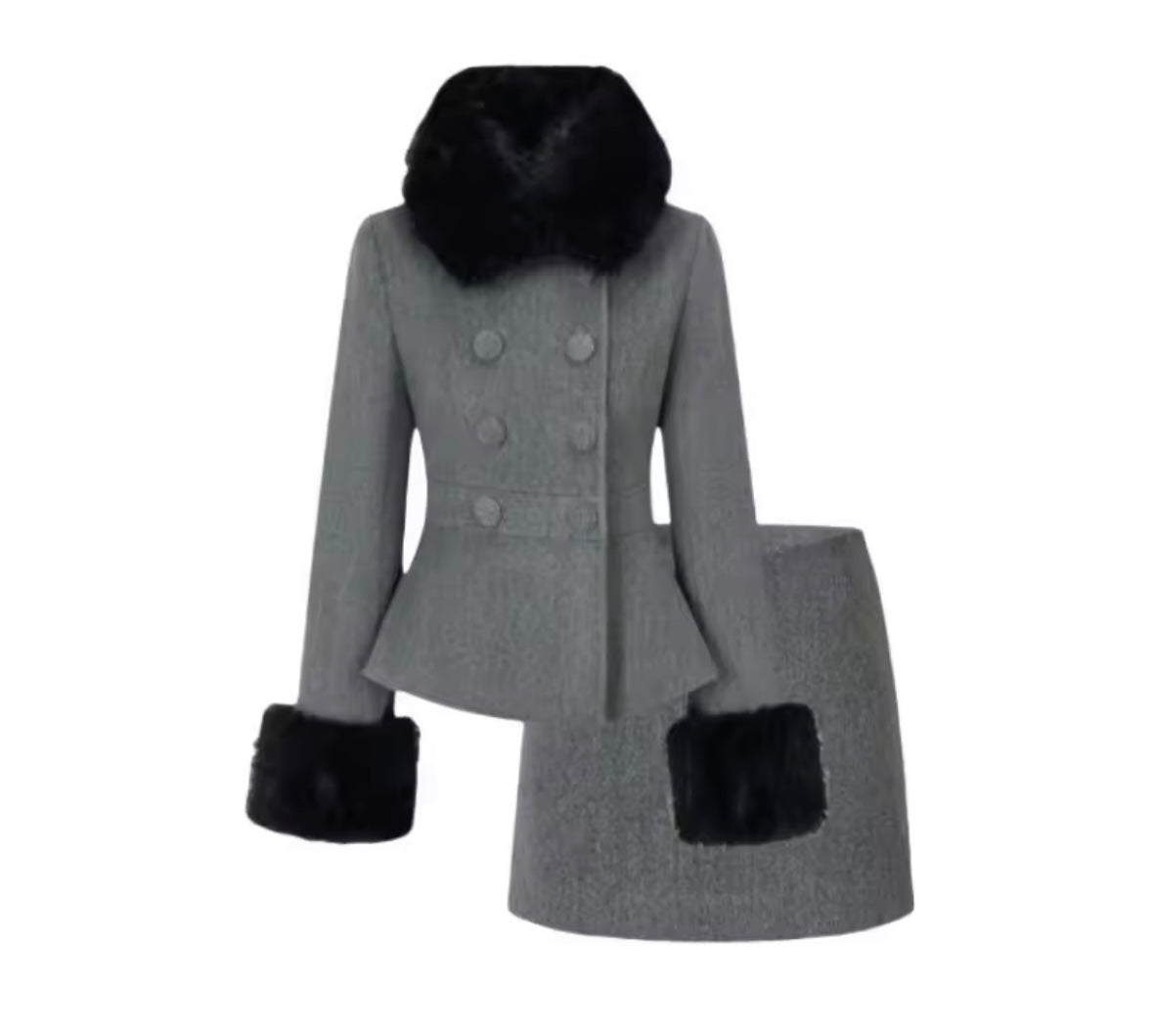 Women Button Up Faux Fur Patchwork Blazer Two Piece Skirt Set