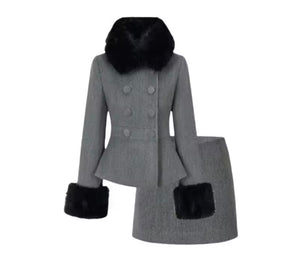 Women Button Up Faux Fur Patchwork Blazer Two Piece Skirt Set