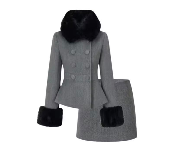 Women Button Up Faux Fur Patchwork Blazer Two Piece Skirt Set