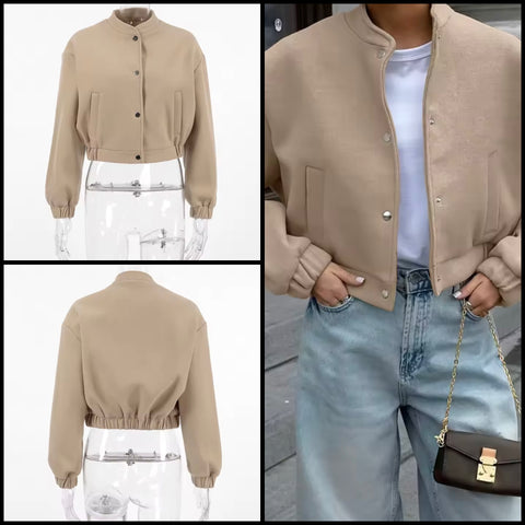 Women Fashion Khaki Button Up Bomber Jacket