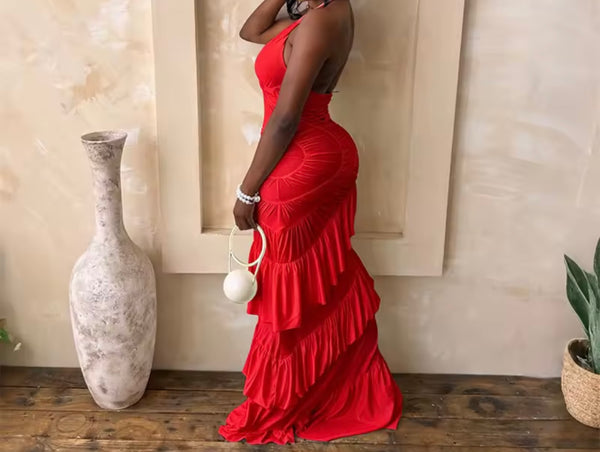 Women Sexy Halter Sleeveless Ruffled Maxi Dress