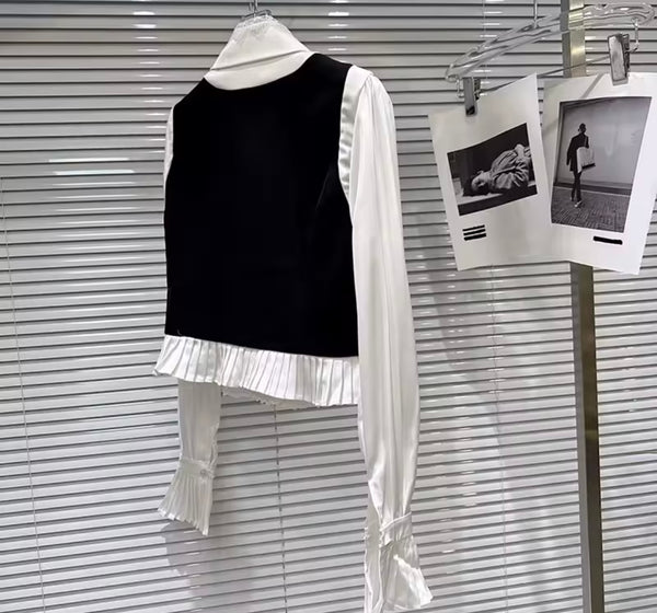 Women B&W Ruffled Full Sleeve Suede Rhinestone Three Piece Skirt Set