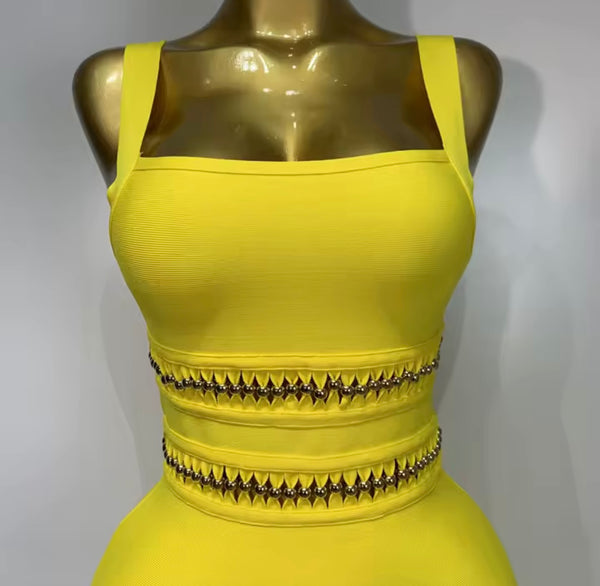 Women Yellow Sleeveless Fringe Tassel Beaded Maxi Dress