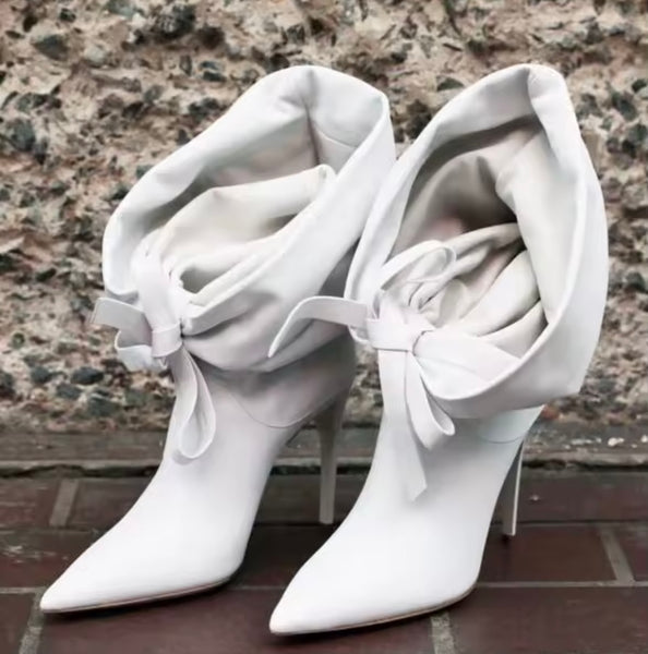 Women White Fashion Ruched Faux Leather Ankle Boots