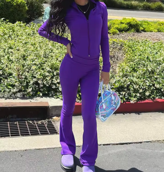 Women Color Zip Up Fashion Tracksuit Two Piece Pant Set
