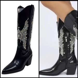 Women Black Bling Patchwork PU Fashion Western Boots