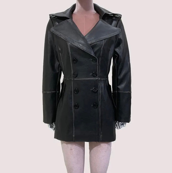 Women Black Fashion Faux Leather Trench Short Jacket