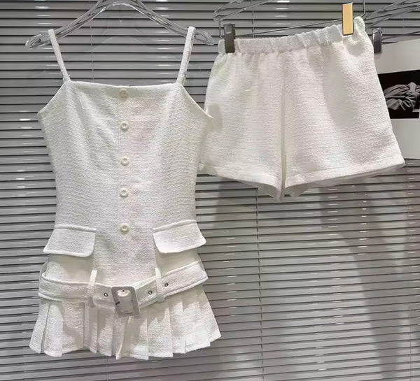 Women White Button Up Ruffled Belted Sleeveless Two Piece Short Set