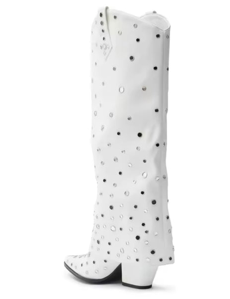 Women Fashion White Bling Rivet Knee High Western Boots