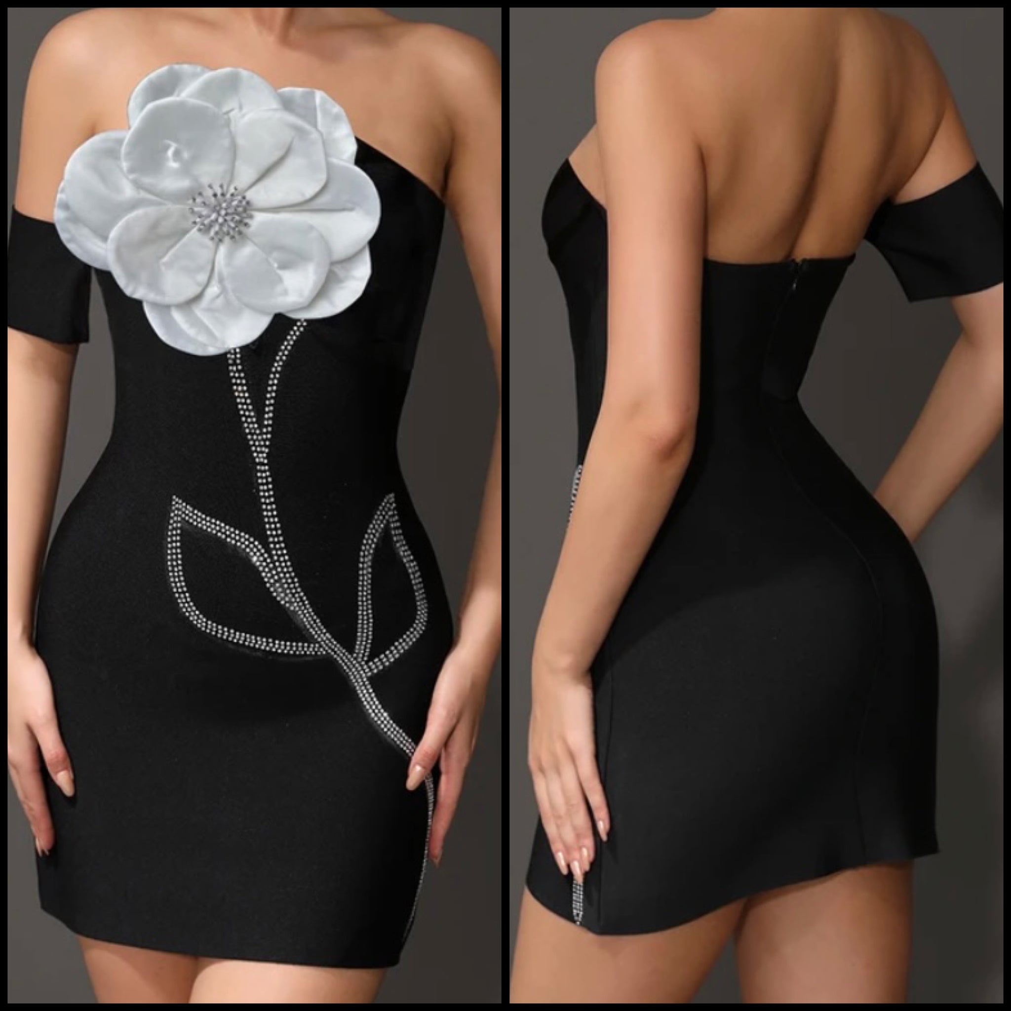Women Black Sexy Off The Shoulder Floral Bling Dress