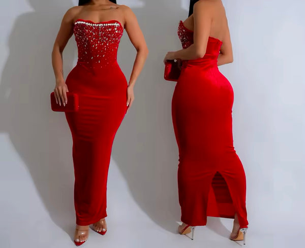 Women Sexy Bling Strapless Velour Maxi Dress