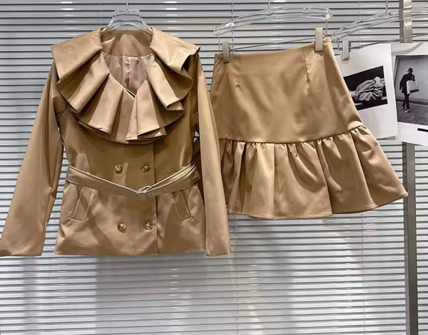 Women Khaki Ruffle Button Up Belted Two Piece Skirt Set