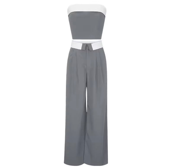 Women Sexy Strapless Color Patchwork Two Piece Pant Set