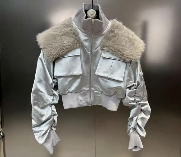 Women Fashion Faux Fur Patchwork Pocket Zipper Jacket