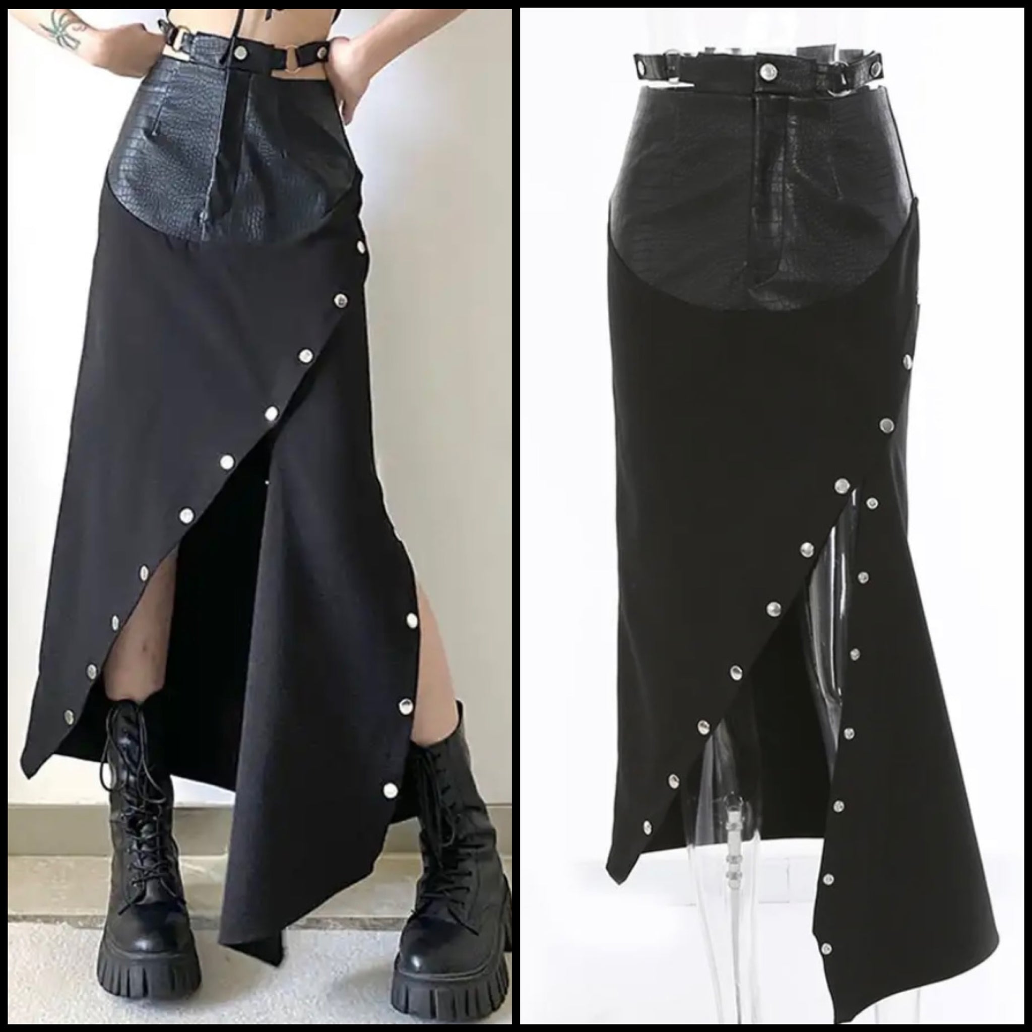 Women Black Faux Leather Patchwork Rivet Maxi Skirt