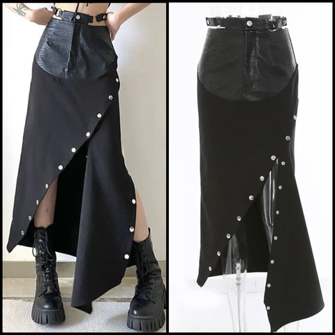Women Black Faux Leather Patchwork Rivet Maxi Skirt