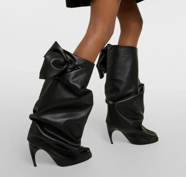 Women Black Bow Fashion Faux Leather High Heel Boots