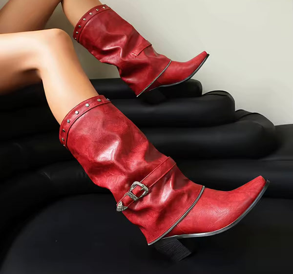 Women Fashion Rivet Zipper Buckled Western Boots