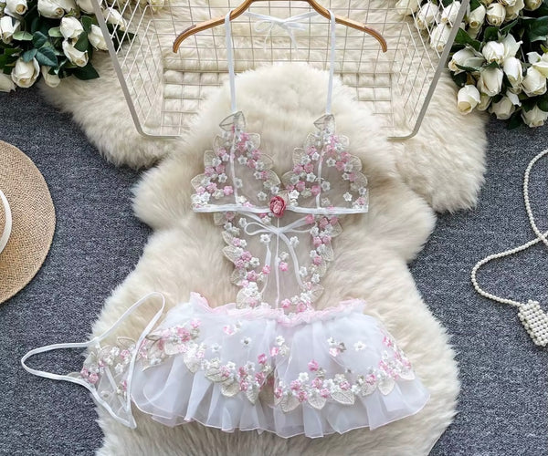 Women White Floral Print Sexy Mesh Lingerie Set