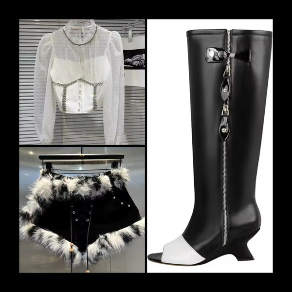 Women Fashion B&W Open Toe Zip Up Buckled Ankle/Knee High Boots