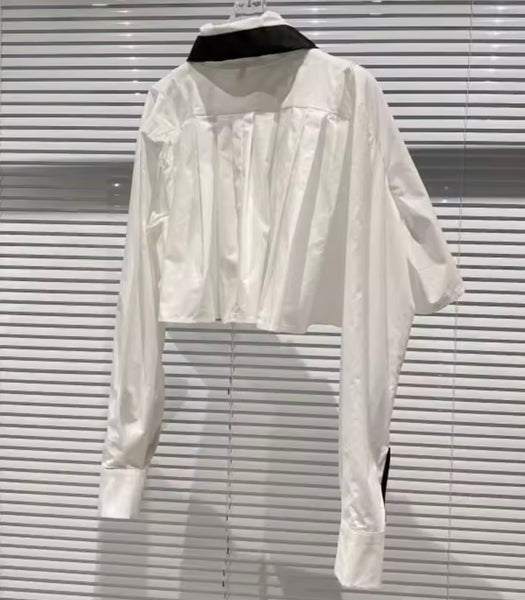 Women White/Black Button Up Tie Full Sleeve Top
