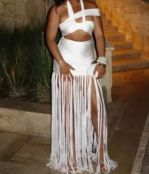 Women Sexy Halter Sleeveless Cut Out Fringe Tassel Maxi Dress