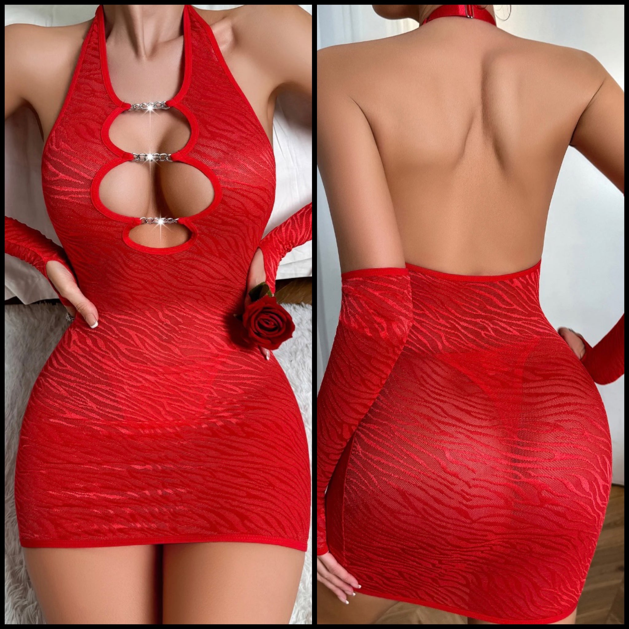 Women Sexy Red Halter Chain Cut Out Glove Mesh Lingerie Set